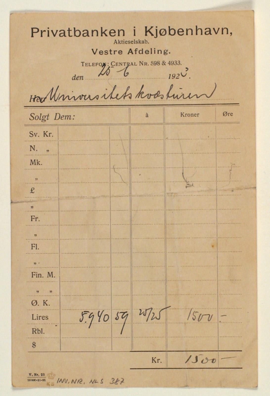 Niels Larsen Stevns, Kvittering fra privat banken på 1500 lire