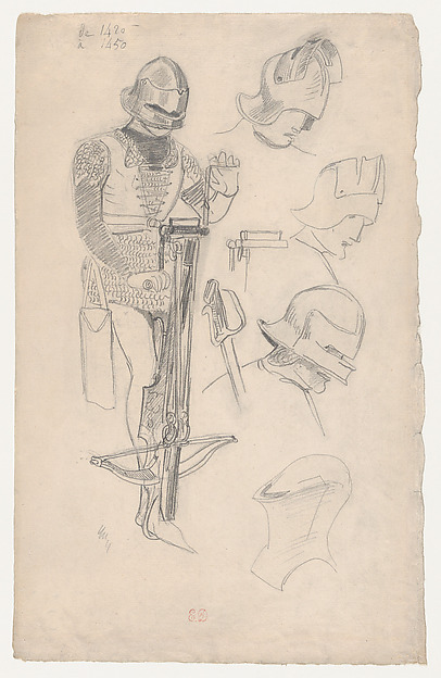 Eugène Delacroix, Study of Medieval Armor and a Crossbow (recto); Studies of a Medieval Helmet (verso)