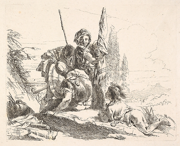 Giovanni Battista Tiepolo, Three soldiers and a youth lying on his abdomen in a landscape, the soldiers bear armor and a flag, from "The Capricci"