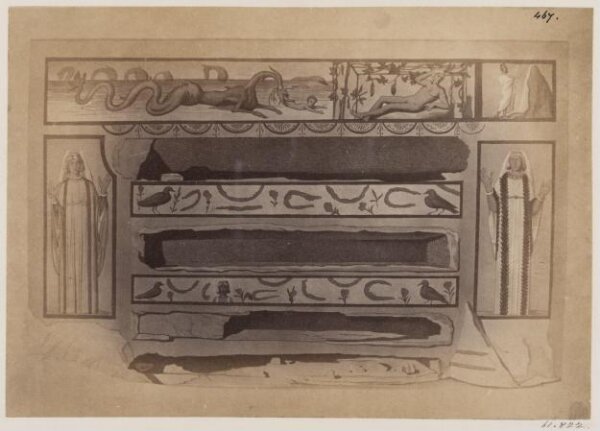 Parker, John Henry, Catacomb of S. Thraso, Via Salaria - Three Loculi, with Paintings of Jonah, Moses striking the Rock, bird with foliage, and two female Orantes, A.D. 523