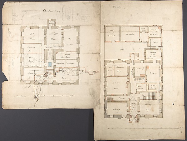 Anonymous, British, 19th century, Studies of the Pavilion at Fonthill, Wiltshire and Plans of the Ground and First Floors (recto); Studies for the Pavilion in Tudor-Gothic Style (verso)