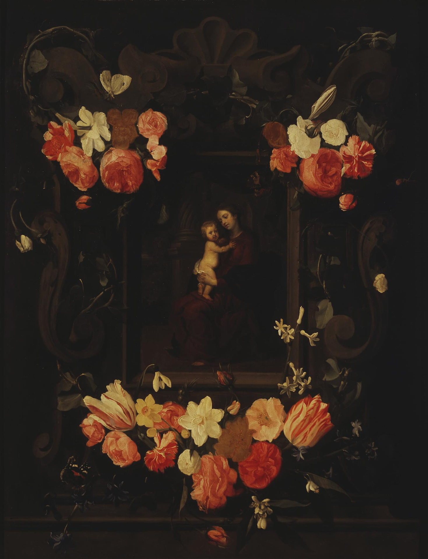 Erasmus Quellinus II, Madonna and Child Framed a Garland of Flowers