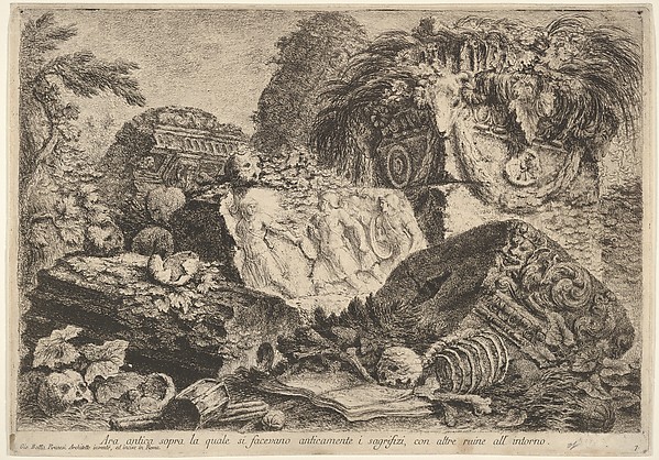 Giovanni Battista Piranesi, Plate 7: Ancient altar on which sacrifices were performed in antiquity, surrounded by other ruins (Ara antica sopra la quale si facevano anticamente i sagrifizi, con altre ruine all' intorno), from "Part one of architecture and perspectives: drawn and etched by Gio. Batt'a Piranesi, Venetian Archit…
