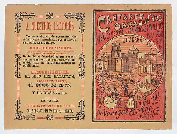 José Guadalupe Posada, Cover for 'Cantares Oaxaqueños: Nueva Coleccion de Canciones Modernas para 1898', couples walking arm in arm on the outskirts of a town