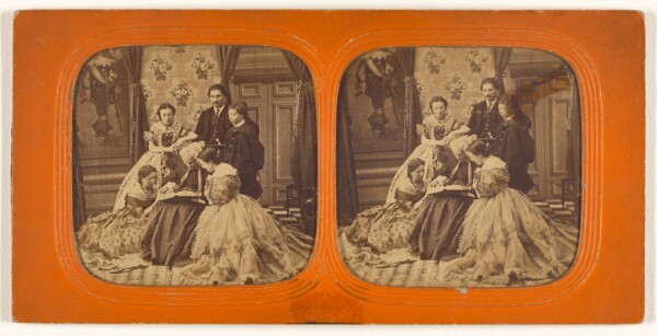 Unknown, [Family scene in parlor: elder woman reading to group]