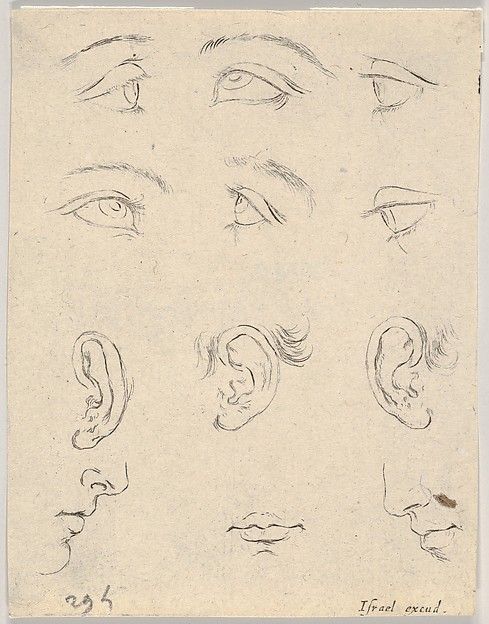 Stefano della Bella, Plate 3: Six eyes, three ears, two profiles, and a mouth, from "The Book for Learning to Draw" (Livre pour apprendre à dessiner)