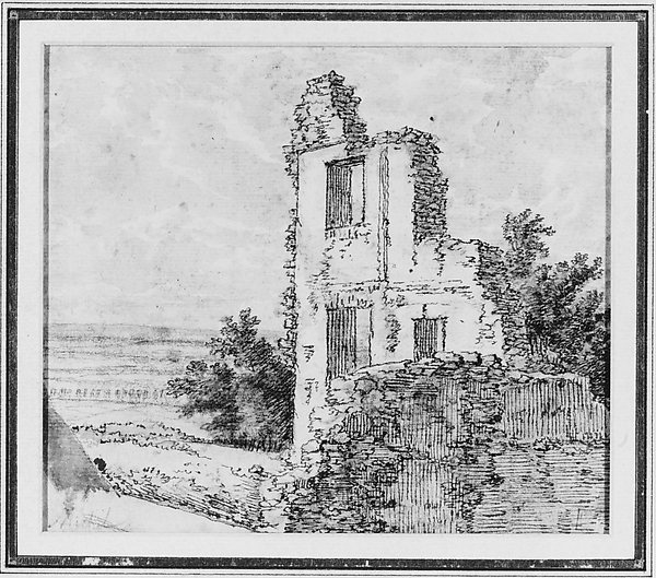 Georges Michel, An Allée of Trees in a Park (recto); The Ruins of a Building on a Hill (verso)