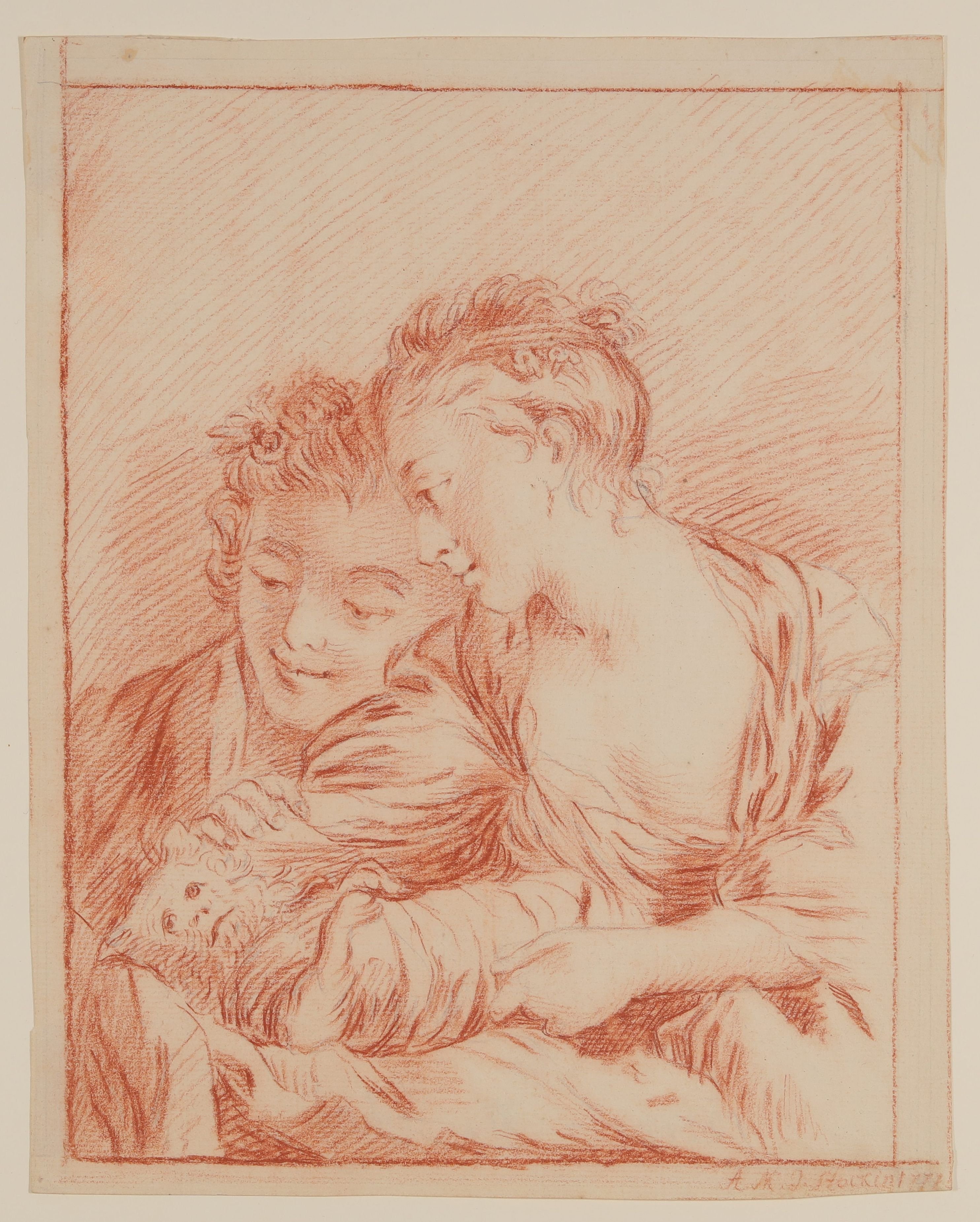 Gilles Demarteau, Jüngling und Mädchen mit einer Meerkatze spielend [nach François Boucher]