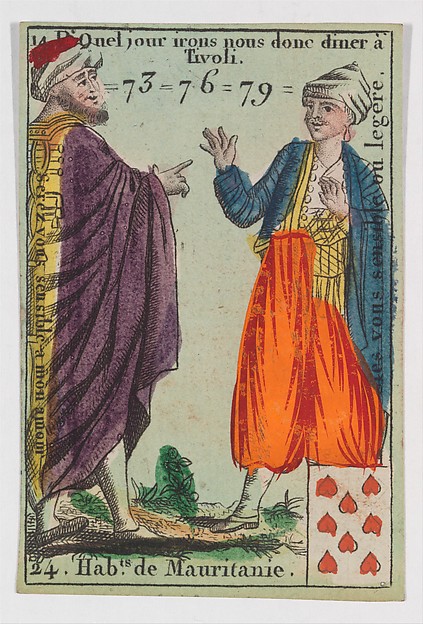 Anonymous, French, 18th century, Hab.ts de Mauritanie, from the playing cards (for quartets) "Costumes des Peuples Étrangers"
