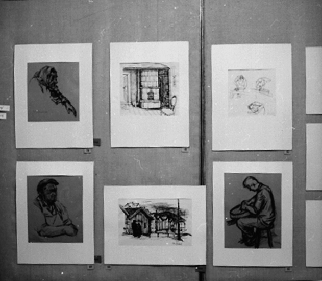 Knut Borg, Inga Berg’s exhibition at the Concert Hall, interior of the exhibition hall, boards.