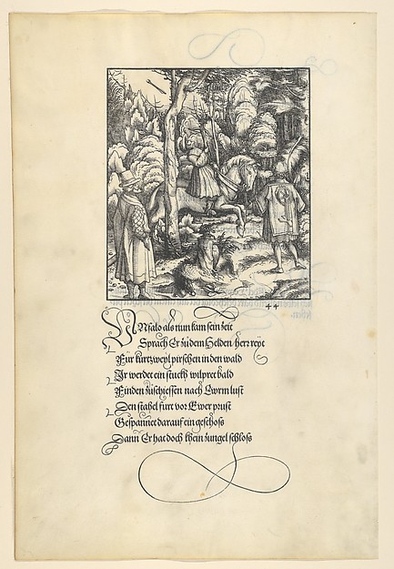Hans Burgkmair, Theuerdarnk Nearly Shoots Himself with a Crossbow, from [Theuerdank] Die geuerlicheiten vnd einsteils der geschichten des loblichen streytparen vnd hochberümbten helds vnd Ritters herr Tewrdannckhs