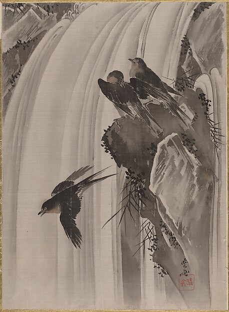Kawanabe Kyōsai 河鍋暁斎, Swallows by a Waterfall