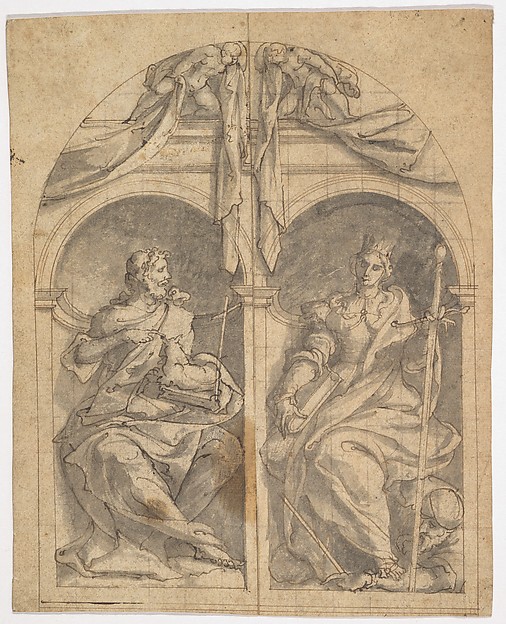 Jan van Scorel, Two Wings of an Altarpiece depicting Saints John the Baptist and Catherine in Niches Surmounted by Angels