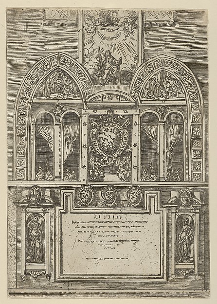 Guido Reni, Façade of the Palazzo del Senato in Bologna with the Papal arms at center, with temporary decorations for the entry of Pope Clement VIII in Bologna in 1598