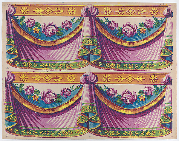 Anonymous, Sheet with two borders with purple drapery and floral designs
