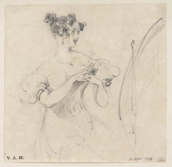 George Chinnery, A Western woman by an oval mirror