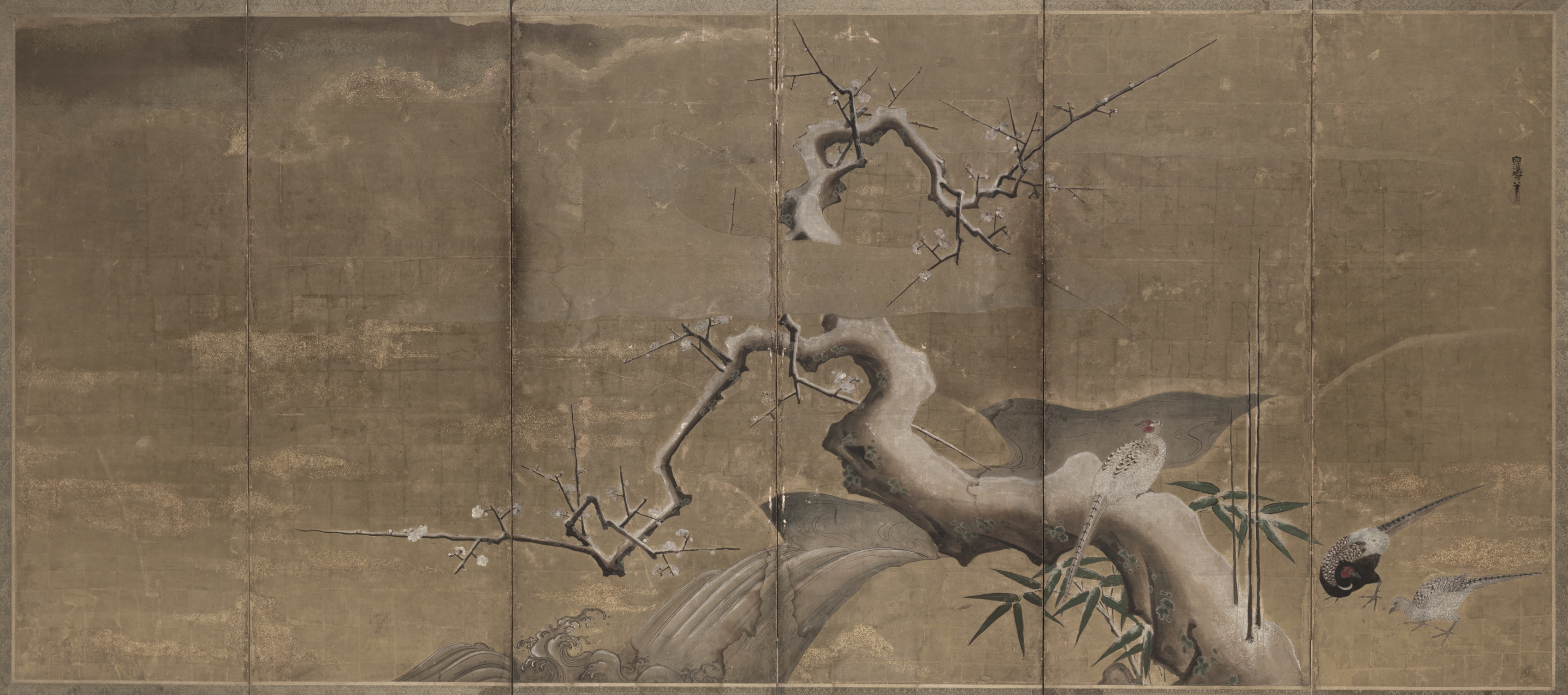 Kano Naonobu, Winter Scene with Plum Trees and Pheasants (Birds Left)