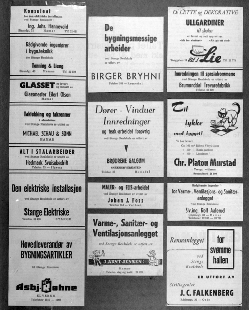 Anno Domkirkeodden, REKLAMEANNONSER VED STANGE REALSKOLE, ING. JOHS. HANNEVOLD, TONNING & LIENG, EILERT OLSEN, GLASSMESTER M. FL