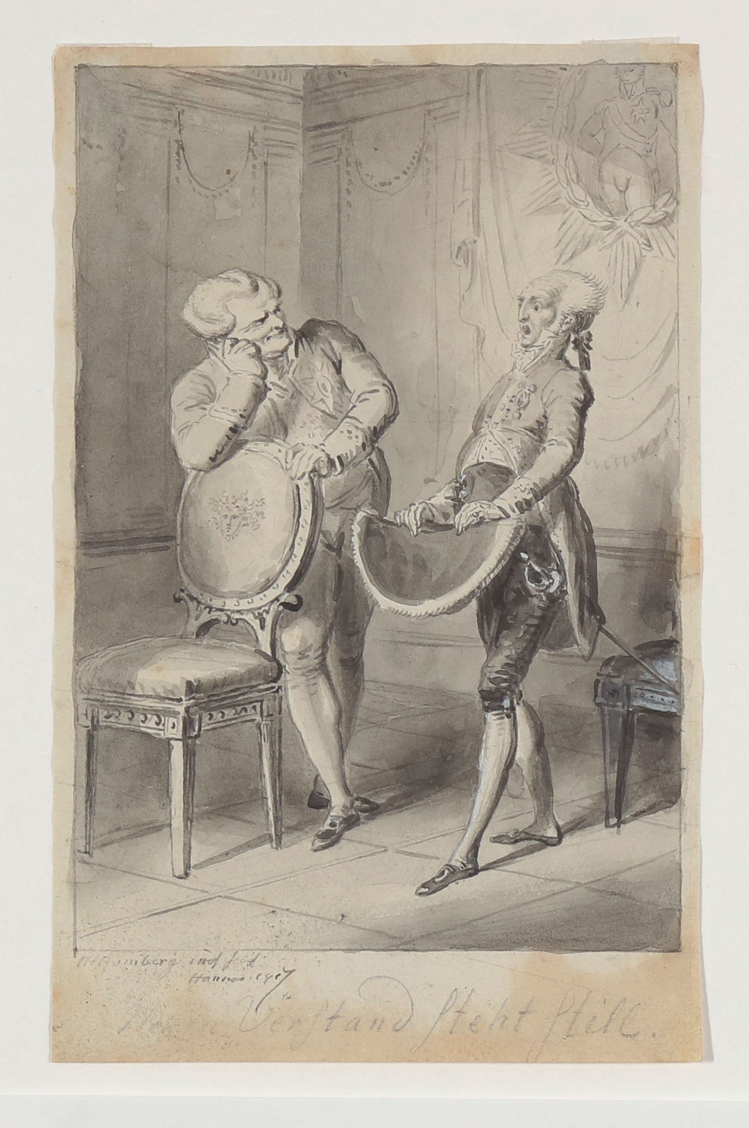 Johann Heinrich Ramberg, Höflingsverlegenheit [Illustration zu Friedrich Schillers "Kabale und Liebe", 3. Akt, 2. Szene]
