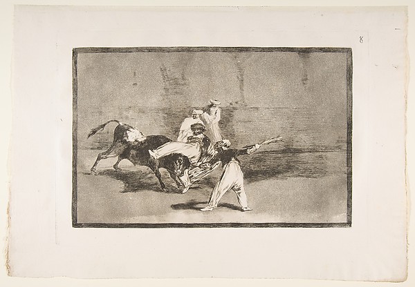 Goya (Francisco de Goya y Lucientes), Plate 8 from "La Tauromaquia": A Moor caught by the bull in the ring