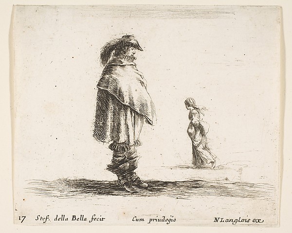 Stefano della Bella, A man wearing a plumed hat in center facing right, a woman walking towards the left in the background, plate 17 from "Diversi capricci"