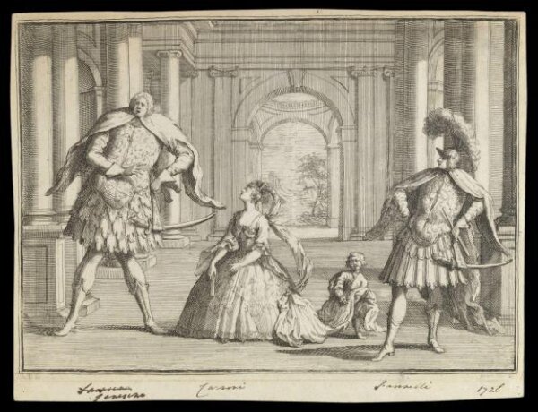 Unknown, Gaetano Berenstadt as Flavio, Francesca Cassini as Emilia and Francesco Bernadi, or Senesino, in Handel's opera Flavio, King's Theatre Haymarket, 14 May 1723