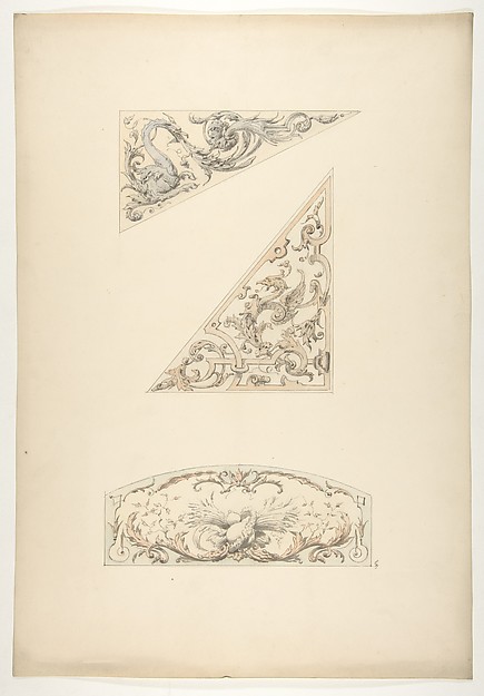 Jules-Edmond-Charles Lachaise, Three designs for painted decorative motifs featuring griffins and scrollwork