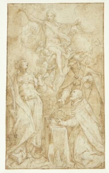 Denys Calvaert, Kristus i skyerne, båret af engle, viser sig for en biskop ved en læsepult, en biskophelgen (Skt. Augustin?) og Catarina af Alexandria