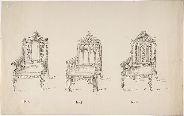 Anonymous, British, 19th century, Design for Three Low Gothic or Renaissance Style Arm Chairs