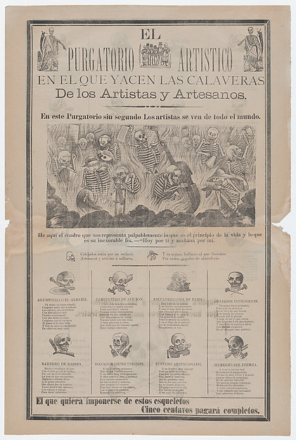 José Guadalupe Posada, Broadsheet, on recto artist and artisans in hell with objects relating to their profession entitled 'The artistic purgatory, where the calaveras of artists and craftsmen lie', on verso skulls relating to different professions
