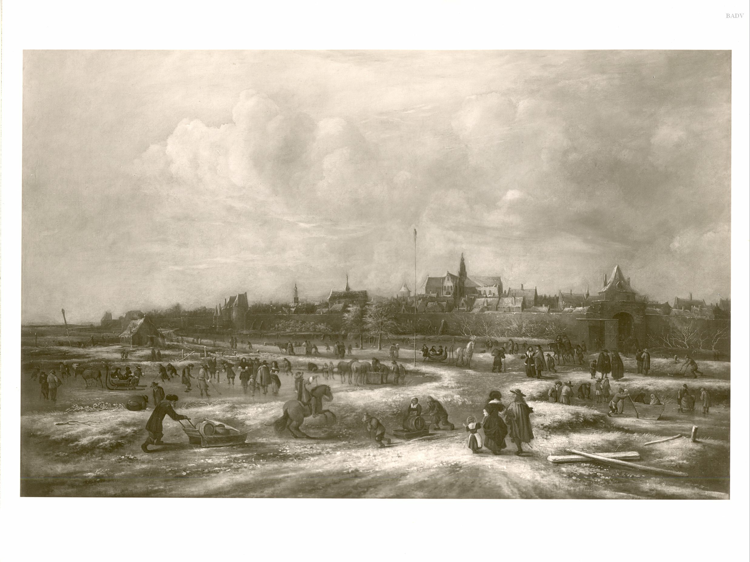 Nicolaes Molenaer, Ansicht von Leyden mit Eislaufszene im Vordergrund
