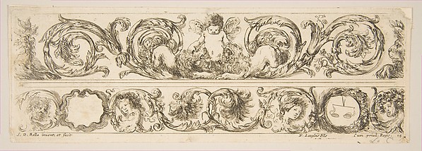 Stefano della Bella, Two Acanthus Friezes: Cupid Subduing Two Lions; Heads of Four Seasons, plate 14 from "Decorative friezes and foliage" (Ornamenti di fregi e fogliami)