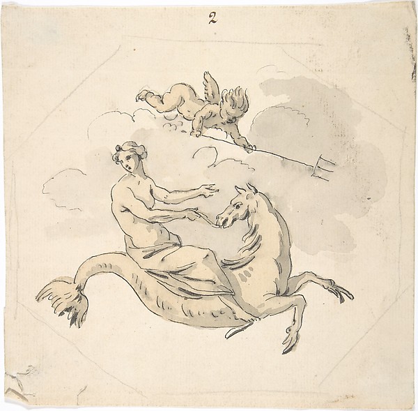 Anonymous, French, 18th century, Ceiling Design of a Nereid Mounted on a Hippocamp with Putto