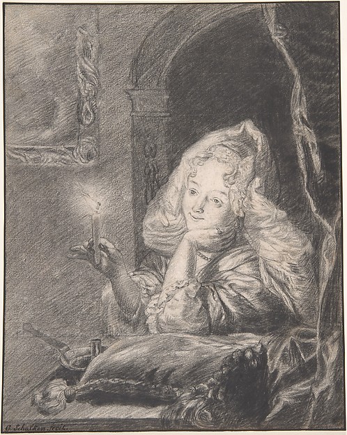Godfried Schalcken, Young Woman Seated at a Table, Holding a Candle