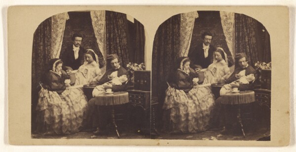 Unknown, [Genre scene: family in sitting room, one man feeding baby]