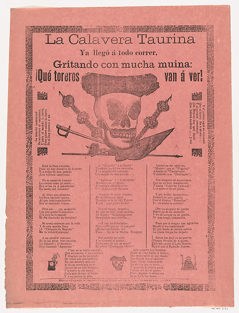 José Guadalupe Posada, Broadsheet relating to the bullfighting calavera who has arrived at full speed, screaming with much energy