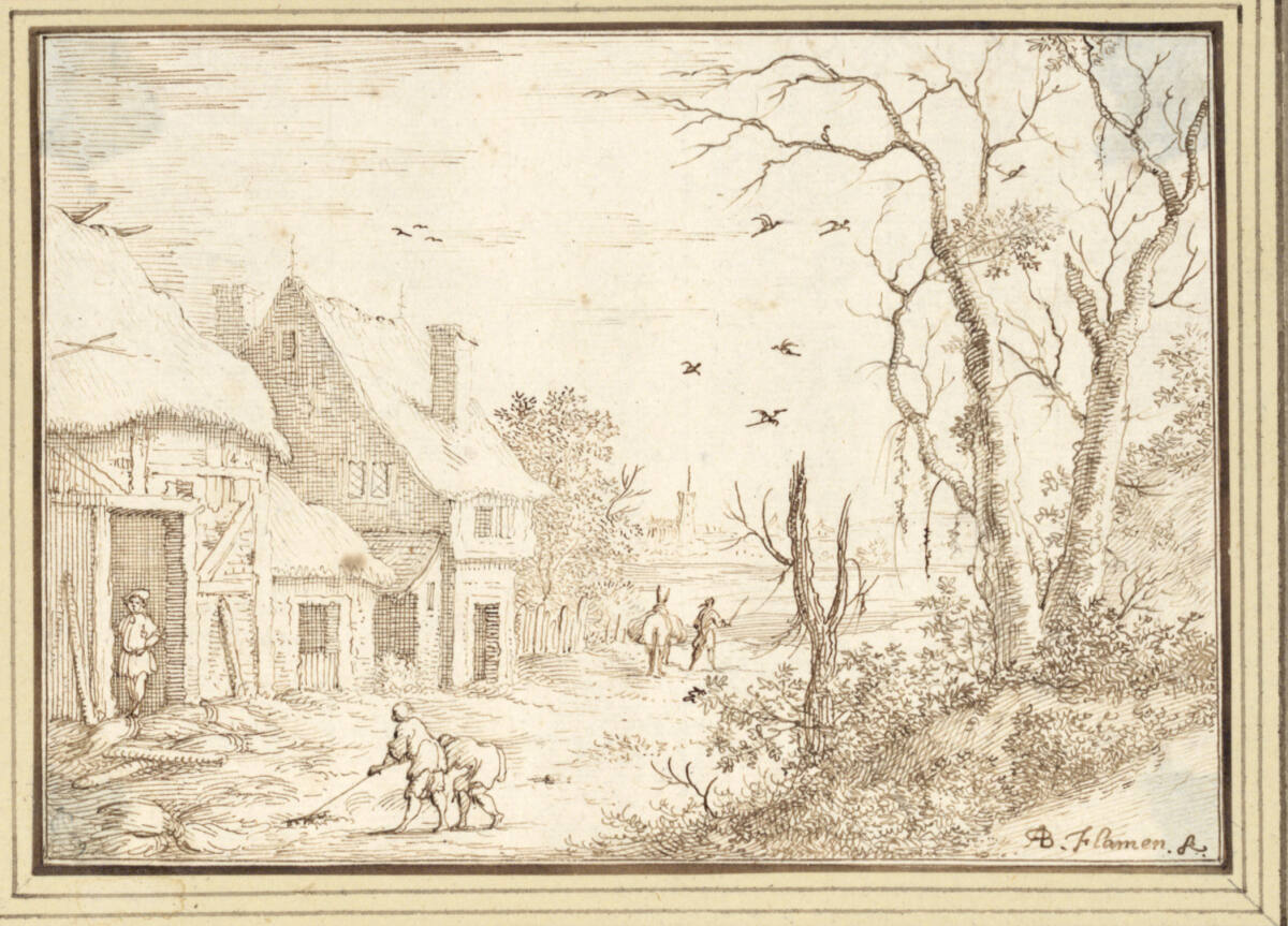 AlbertFlamen, Kahle Baumgruppe und Heu rechende Bauern am Dorfrand (III-19)