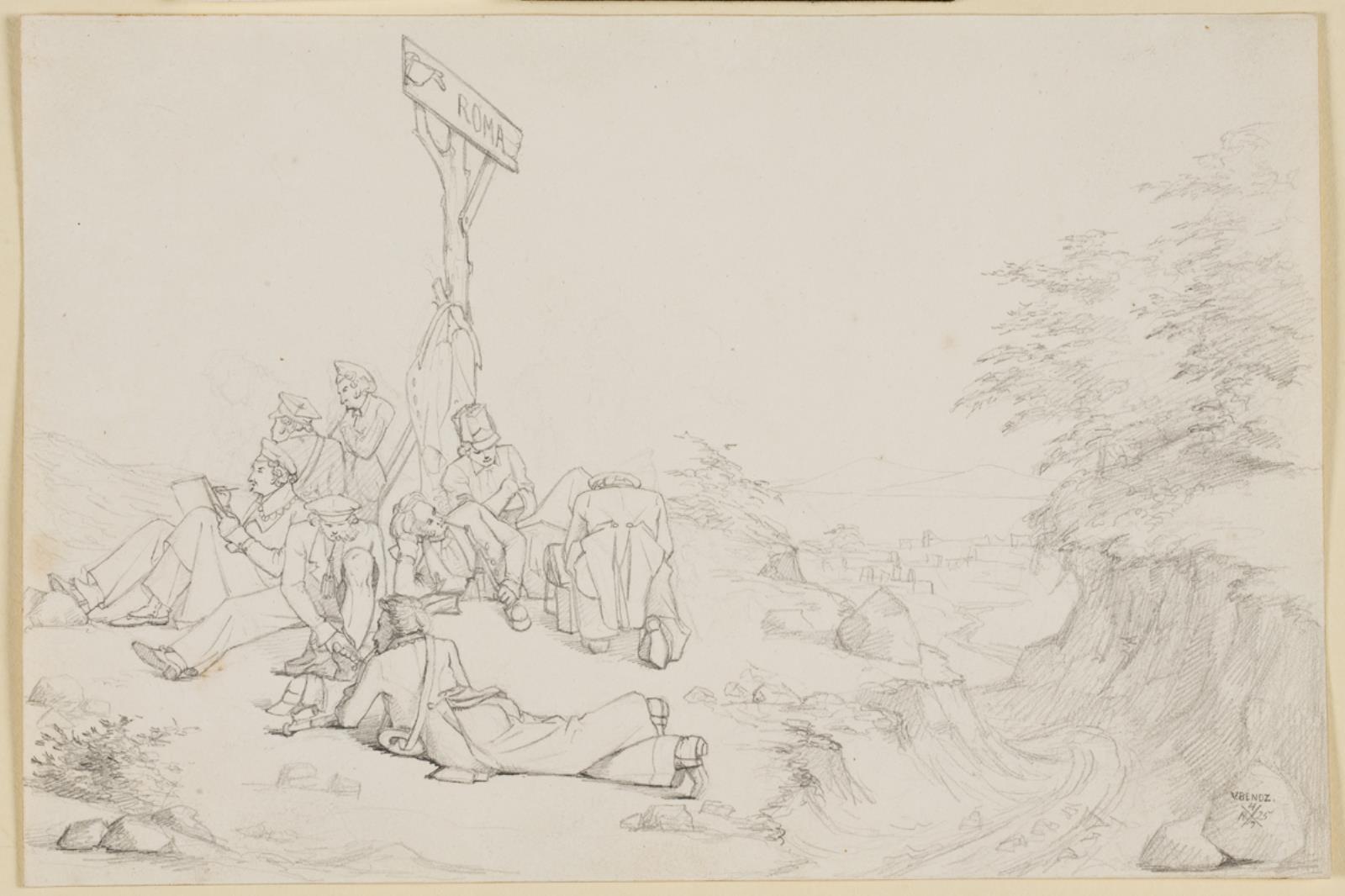 Wilhelm Bendz, Kunstnere holder hvil ved et vejskilt "Roma".
