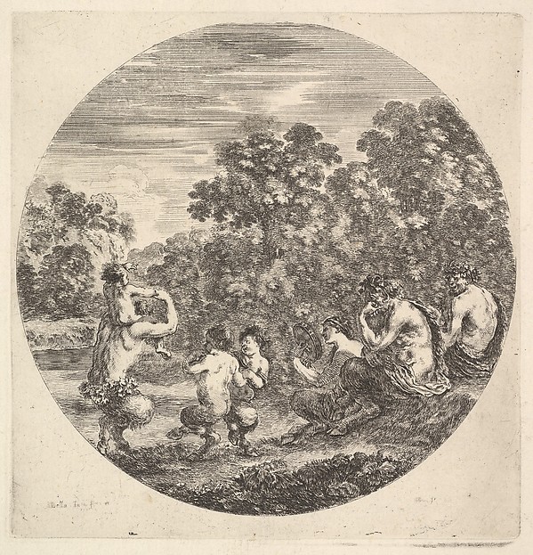 Stefano della Bella, Two satyrs and a faun seated to right watching two child satyrs and another satyr with an child on his shoulders dance to left, from "Six Animal Subjects" (Six Sujets d'Animaux)