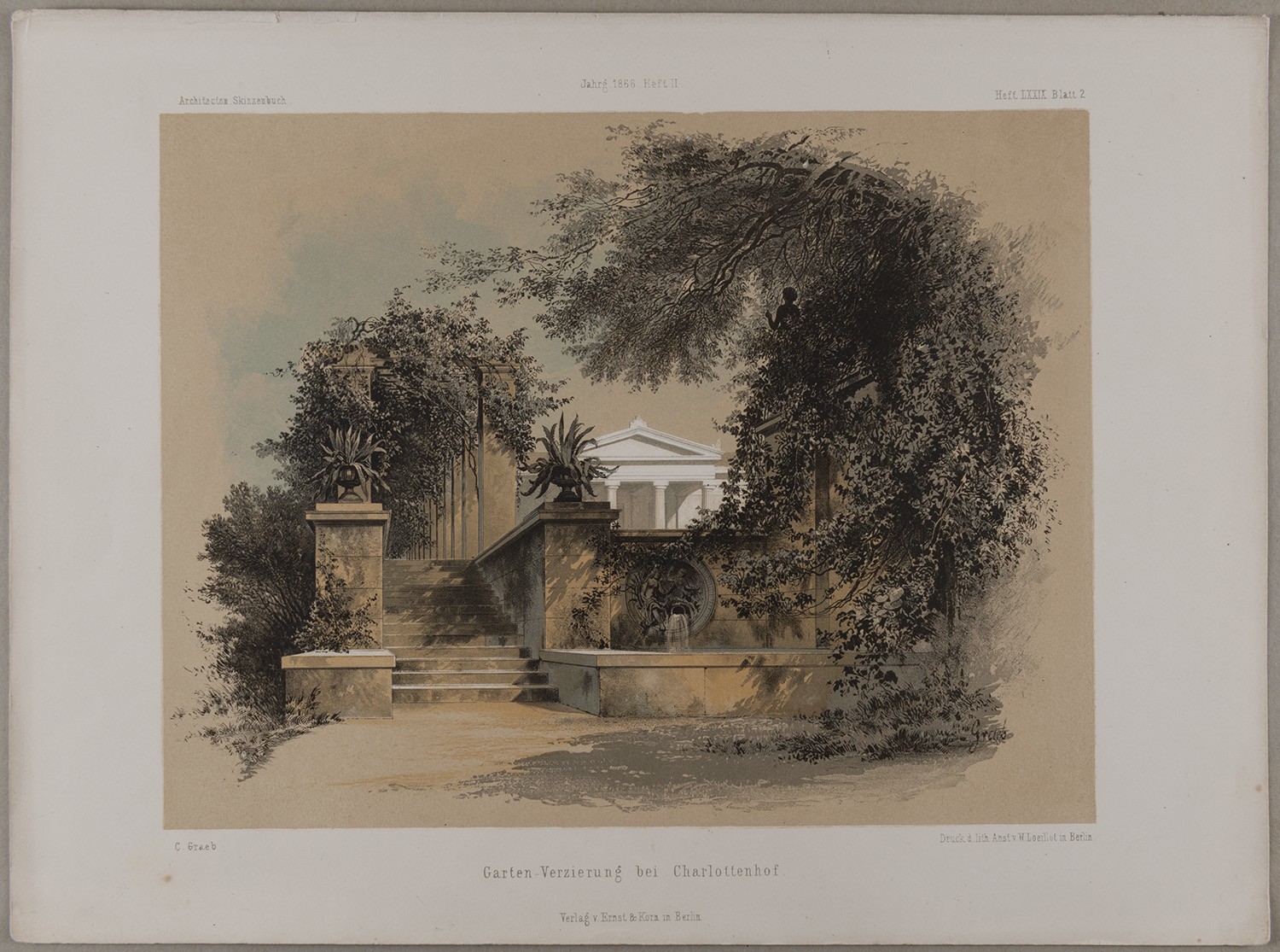 Lithographische Anstalt Wilhelm Loeillot, Potsdam-Sanssouci: Schloss Charlottenhof, Aufgang zur Pergola (Architectonisches Skizzenbuch)