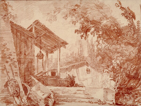 Hubert Robert, Farmyard with Two Figures by a Well and a Large Wheelbarrow in the Foreground