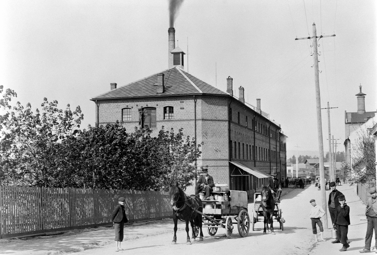 Anno Domkirkeodden, A/S DE NORSKE MELKEFABRIKKER I HAMAR, MELKEFABRIKKEN I STORHAMARGATA 52, KOKERIET MJØLKEKJØRERE, HEST MED VOGN, BARN.