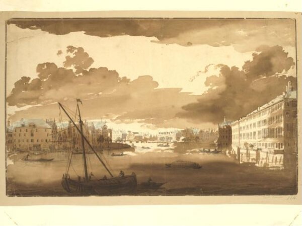 Abraham Rademaker, View of the Binnen-Amstel (inner Amstel), Amsterdam, seen from the Blauwbrug (blue bridge) (after Jan van Call)