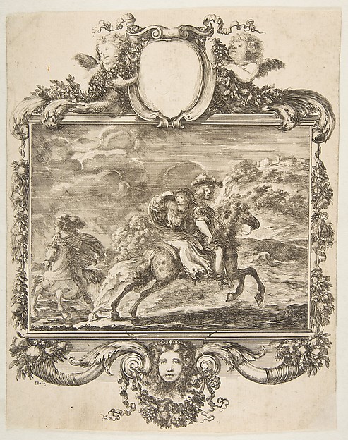 Stefano della Bella, A cavalier and a lady on horseback, within an ornate border decorated with fruit and cornucopias