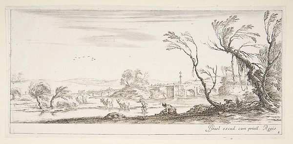 Stefano della Bella, Plate 2: a peasant woman removing her shoes in center, another peasant woman and two cows in a stream to left, a bridge to right in the background, from 'Various landscapes' (Divers paysages)