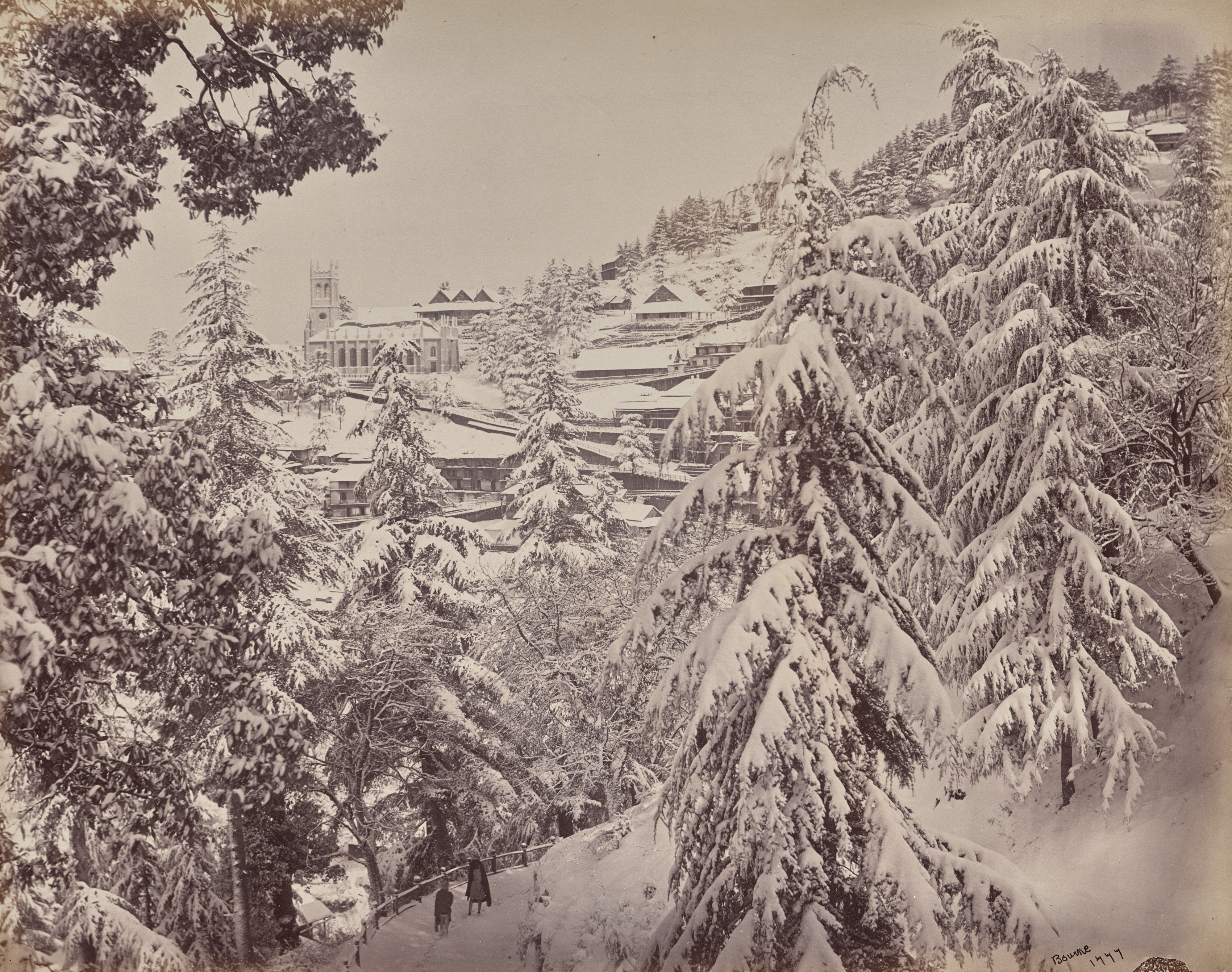 Samuel Bourne, Shimla. View of the Church from Mount Jakko Looking West with Part of the Mall in Winter