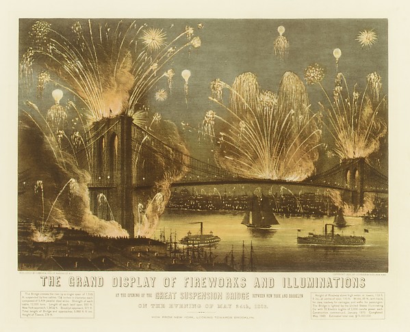 Currier & Ives, The Grand Display of Fireworks and Illuminations at the Opening of the Great Suspension Bridge between New York and Brooklyn on the Evening of May 24, 1883. View from New York Looking towards Brooklyn.
