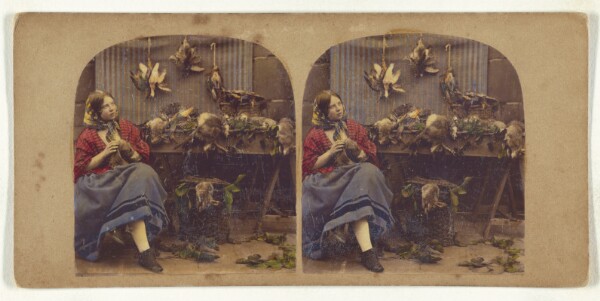 Unknown, [Young woman seated by table with dead fowl, rabbits, etc.]