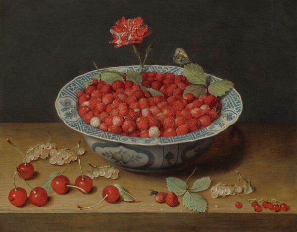 Jacob van Hulsdonck, Wild Strawberries and a Carnation in a Wan-Li Bowl