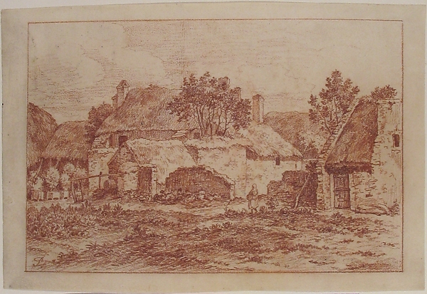Anonymous, French, 18th century, Landscape With a Farmyard, Thatched-Roofed Buildings and a Peasant Woman